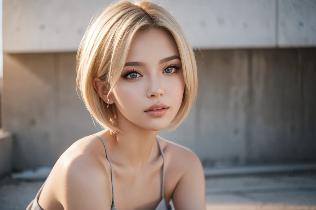 Close-up portrait, Sexy SS Blonde, parted lips, lips, Casual Dresses, View your viewers, Concrete wall background, Sunset Light, Realistic,short hair