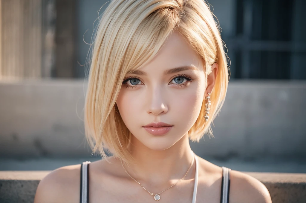 Close-up portrait, Sexy SS Blonde, parted lips, lips, Casual Dresses, View your viewers, Concrete wall background, Sunset Light, Realistic,short hair