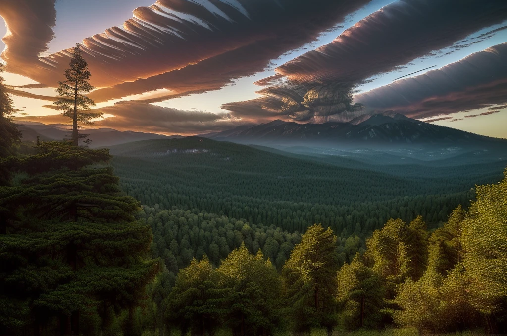 (((Masterpiece))), (high quality), (In the mountains at dusk,The camera is in the forest:1.5),There are lots of big trees around,(It is surrounded by dozens of trees.,ass pov:1.5),(Black clouds cover the sky:1.5),The Storm is Coming,There are large trees all around, and I&#39;m looking up at them.,Realistic