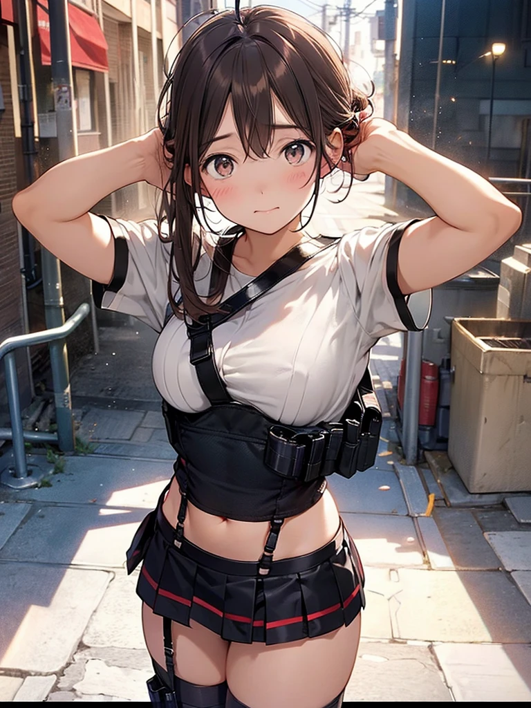 Brown hair、watching at viewers　　　black suspenders　　　Bulging big breasts　　 　 　　　walls: 　Black miniskirt　garters　　　　　　Gaze　　　Small face　bangss 　　　holster　　　Beautuful Women　　hands up　　レッグholster ベッドに横たわる　　Gaze 　black boots panty shot　provocation　flank　flank汗　soio 　arm