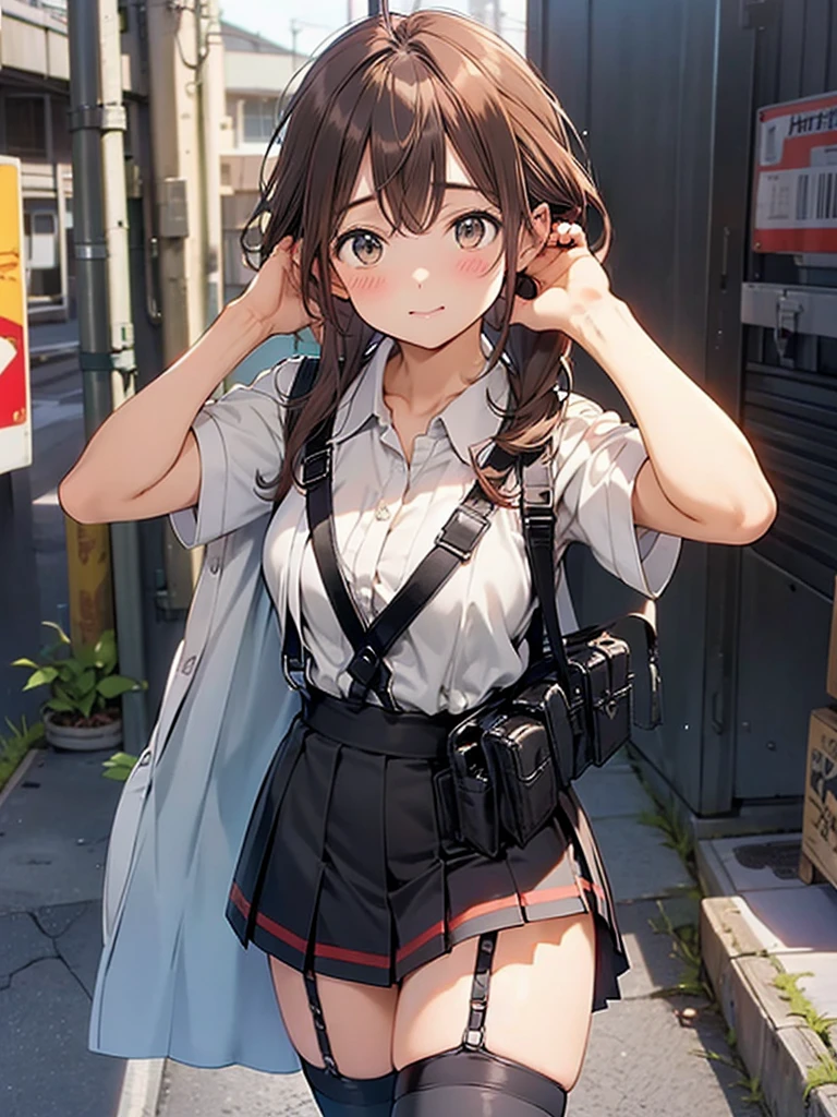 Brown hair、watching at viewers　　　black suspenders　　　Bulging big breasts　　 　 　　　walls: 　Black miniskirt　garters　　　　　　Gaze　　　Small face　bangss 　　　holster　　　Beautuful Women　　hands up　　レッグholster ベッドに横たわる　　Gaze 　black boots panty shot　provocation　flank　flank汗　soio 　arm