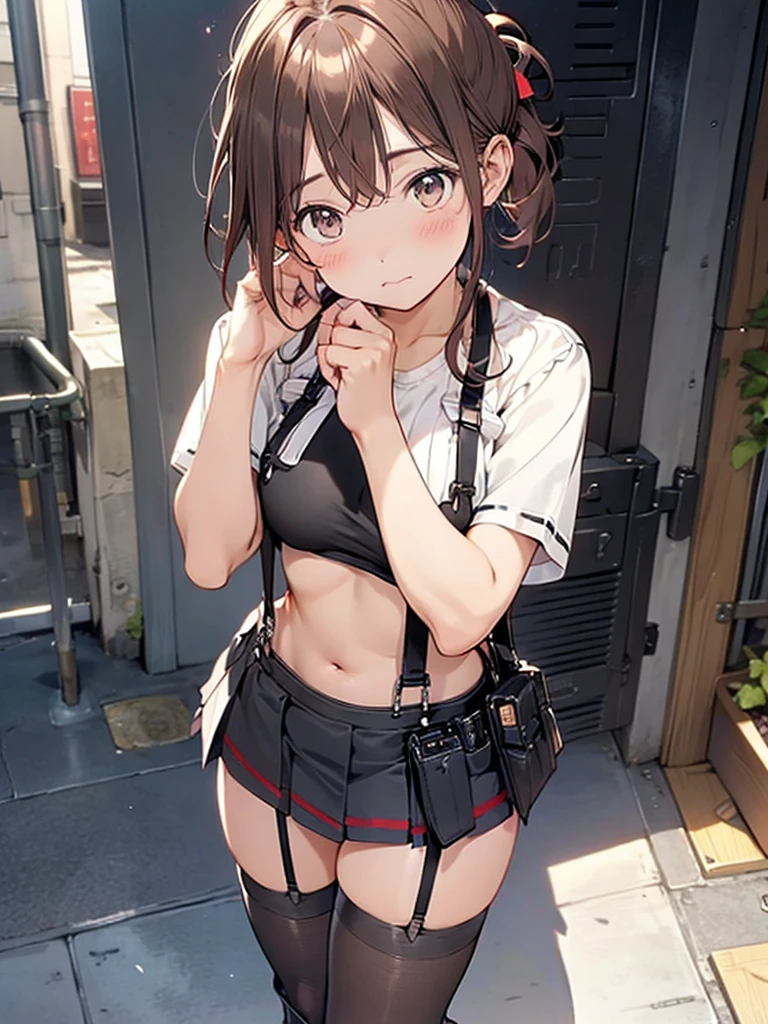 Brown hair、watching at viewers　　　black suspenders　　　Bulging big breasts　　 　 　　　walls: 　Black miniskirt　garters　　　　　　Gaze　　　Small face　bangss 　　　holster　　　Beautuful Women　　hands up　　レッグholster ベッドに横たわる　　Gaze 　black boots panty shot　provocation　flank　flank汗　soio 　arm