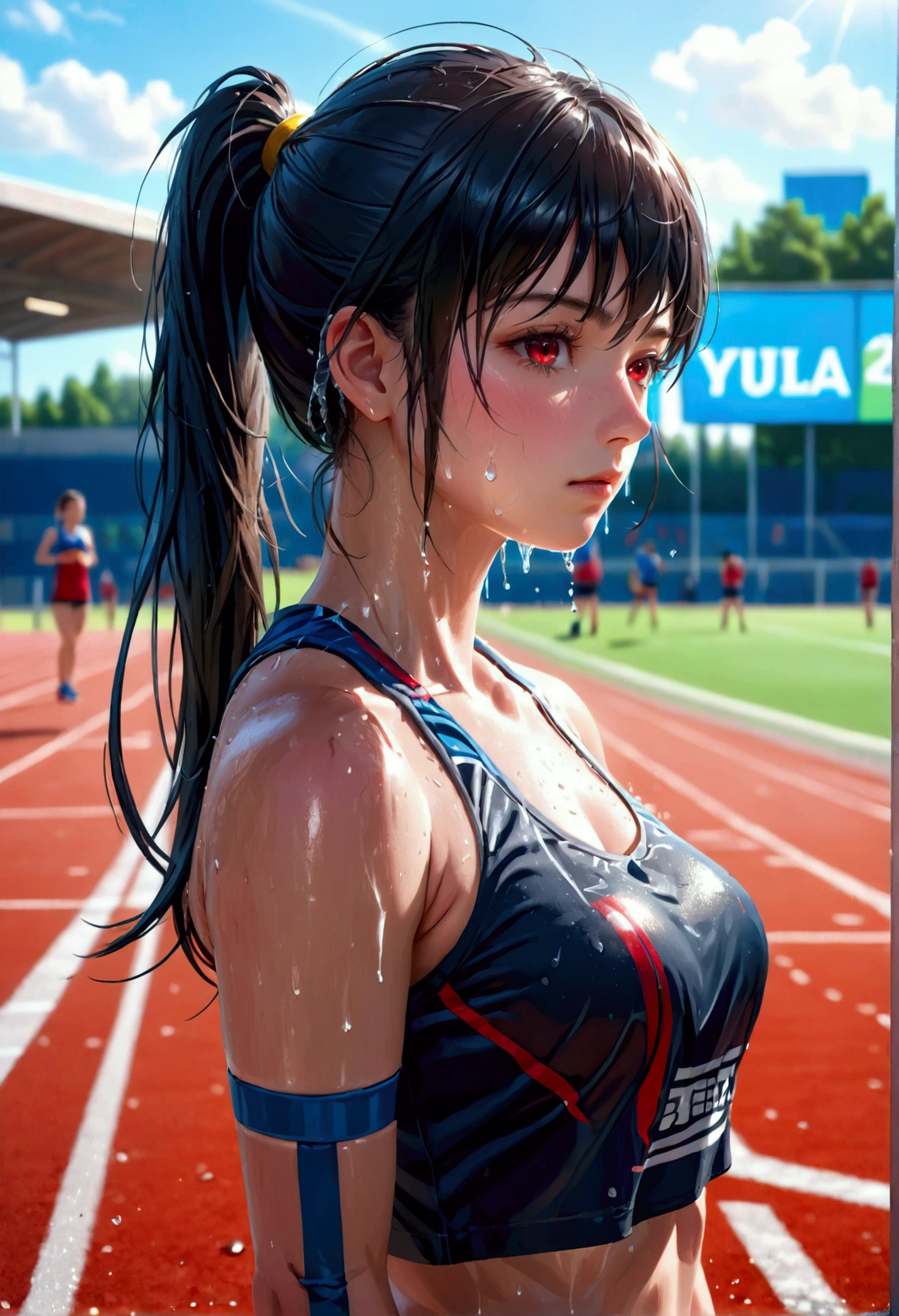 A female track and field athlete, 18 years old, drinking water from a water bottle, wearing a sports uniform, with black hair in a ponytail, red eyes, sweating, on a school sports field, bright sunlight, clear blue sky, summer, (best quality,4k,8k,highres,masterpiece:1.2),ultra-detailed,(realistic,photorealistic,photo-realistic:1.37),extremely detailed eyes and face,beautiful detailed eyes,beautiful detailed lips,longeyelashes,highly detailed athletic uniform,sweat glistening on skin,dynamic pose,sun flare,vibrant colors,cinematic lighting