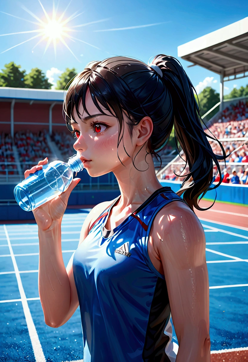 A female track and field athlete, 18 years old, drinking water from a water bottle, wearing a sports uniform, with black hair in a ponytail, red eyes, sweating, on a school sports field, bright sunlight, clear blue sky, summer, (best quality,4k,8k,highres,masterpiece:1.2),ultra-detailed,(realistic,photorealistic,photo-realistic:1.37),extremely detailed eyes and face,beautiful detailed eyes,beautiful detailed lips,longeyelashes,highly detailed athletic uniform,sweat glistening on skin,dynamic pose,sun flare,vibrant colors,cinematic lighting