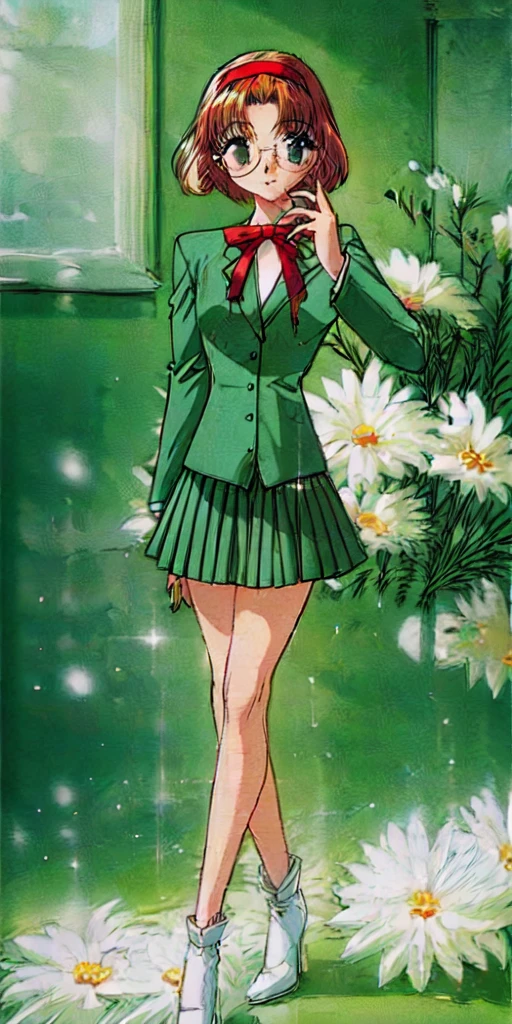 fuu hououji, 4k portrait, 1girl,short hair,light brown hair,Glasses,((red hairband)),green blazer,mini skirt,green high heelssmile,masterpiece,Noise Reduction,perfect anatomy,high resolution, ultra-detailed,game cg,dutch angle ,beautiful detailed eyes,visualart,five fingers, perfect hands, perfect lighting,BREAK full body, standing, BREAK (indoor:1.6), (living room:1.4)