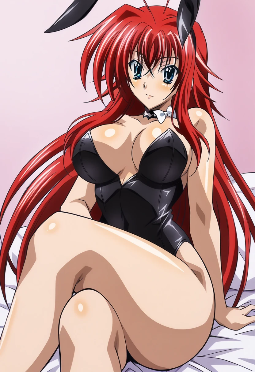 anime art style, 2d, masterpiece, best quality, very aesthetic, absurdres, dynamic shadows, atmosferic, (1girl), rias_gremory,, high_school_dxd, solo, red hair, antenna hair, long hair, blue eyes, detailed eyes, hair between eyes, bangs, medium breasts, curvy body, makeup, black leotard, bunny ears, black ears, fake ears, white bow on neck, choker, eyes up, sexy smile, (cowboy shot), (looking at viewer), sitting, crossed legs, bedroom, on bed, indoors