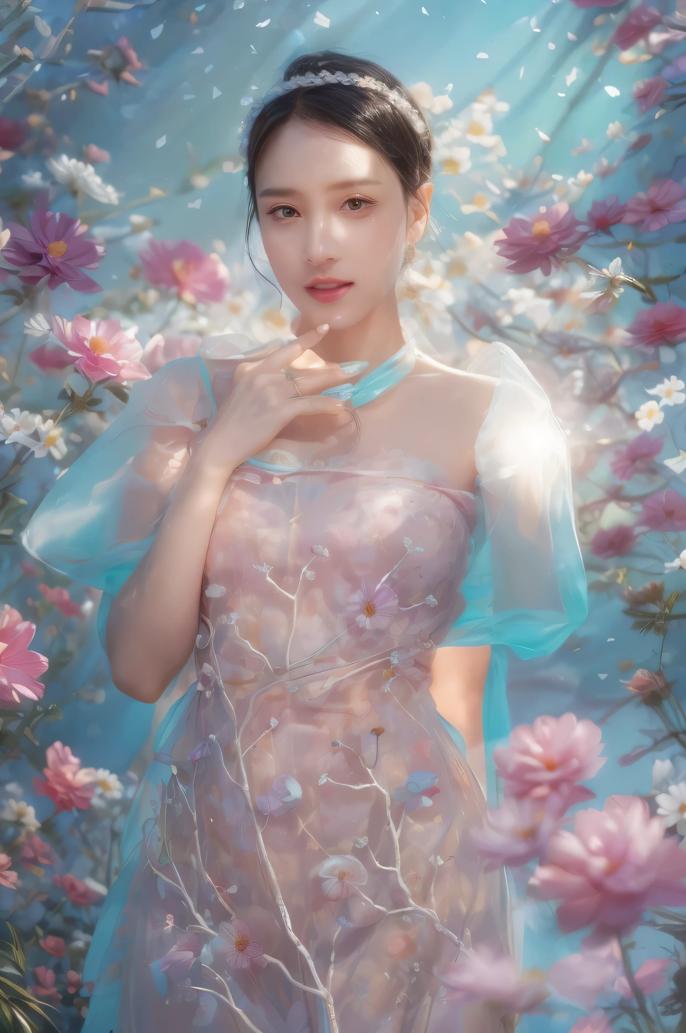 (fashion magazine blockbuster:1.2),(attractive woman:1.3),(beautiful and delicate eyes:1.2),(fashion clothing design:1.2),(tulle texture:1.1),turquoise flowers,surrounded by flowers,crystal clear dew,fresh and elegant,(flowers blooming wildly:1.2),delicate buds,turquoise atmosphere,(masterpiece:1,2),best quality,masterpiece,highres,original,extremely detailed wallpaper,perfect lighting,(extremely detailed CG:1.2)flowers,turquoise flowers,full_body, huge_chest, whole body