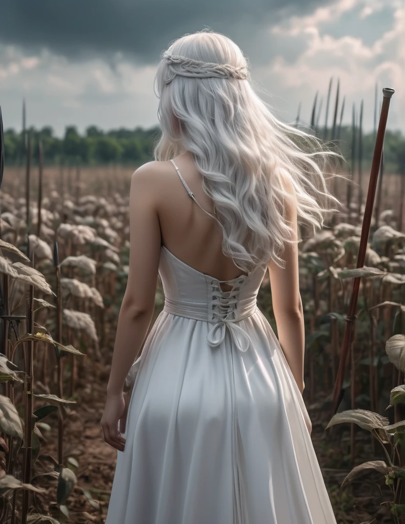 quality(8k wallpaper of extremely detailed CG unit, masterpiece, hight resolution, top-quality, top-quality real texture skin,hyper realisitic, digitial painting,increase the resolution,RAW photos,best qualtiy,highly detailed,the wallpaper),BREAK,8K, Girl in white dress, darkfantasy, standing in middle of war field, shot from back, long white hair