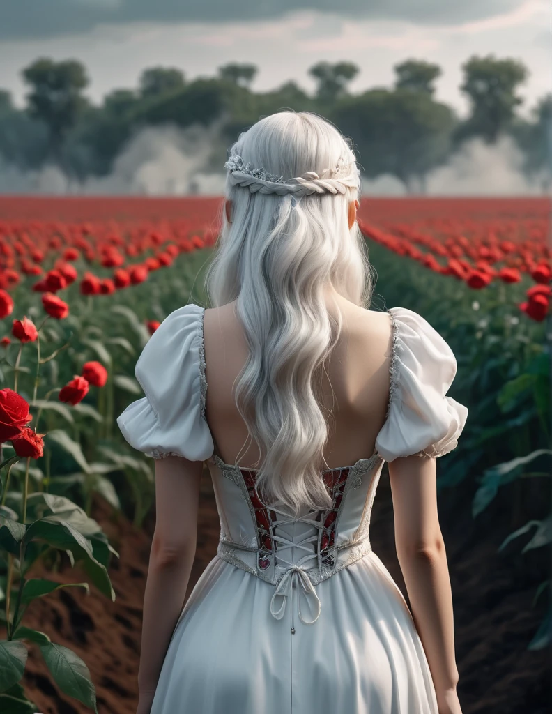 quality(8k wallpaper of extremely detailed CG unit, ​masterpiece, hight resolution, top-quality, top-quality real texture skin,hyper realisitic, digitial painting,increase the resolution,RAW photos，best qualtiy,highly detailed,the wallpaper),BREAK,8K, Girl in white dress, darkfantasy, standing in middle of war field, shot from back, long white hair 