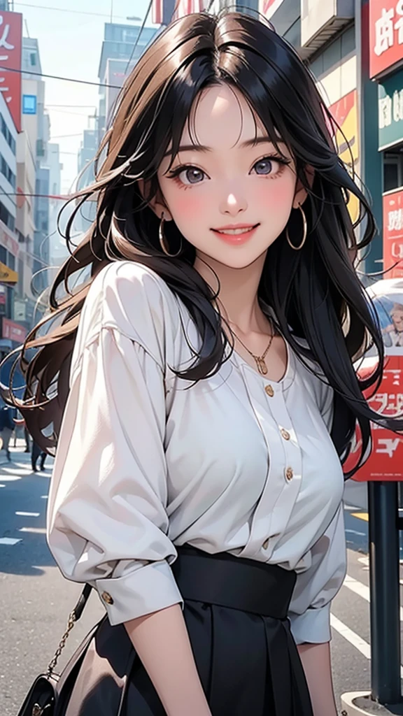 Woman in her 20s、Slim figure。(Upper Body) , With a smile, 彼女はjoyを表現した, 美しくてsmile, Laugh gently, かわいいsmile, 美しいWith a smile, Happy and cheerful expression, And she laughs,very happy,Friendly atmosphere,joy,Happy feeling,Her hair is brownish black in color.、Long hair with bangs。With big double eyes、((smile)),The outfit is feminine and suitable for a date.、Wearing a blouse and skirt。She wears a dainty necklace as an accessory.。The pose is of someone walking down the street。The background is the city during the day、The weather is fine。(masterpiece、Highest quality)、Best details ,