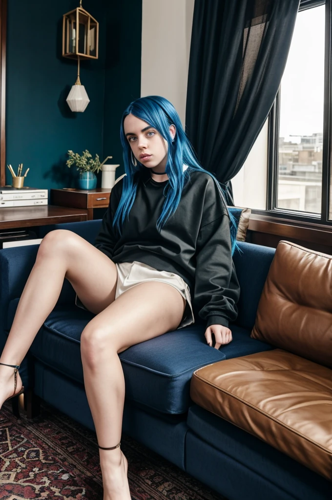 Billie eilish sitting in chair with legs spread