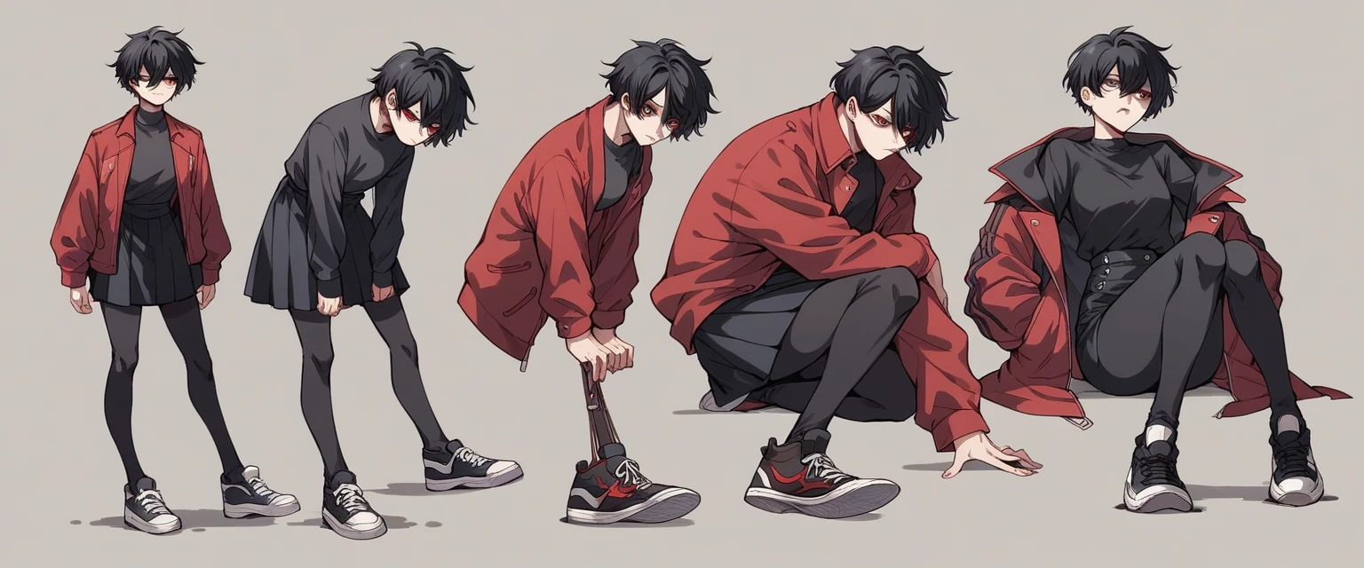 black haired adult woman, long tomboy haircut, hair bangs covering her right eye, red pupils, dark red jacket, black shirt, black skirt, black waist leggings, black sneakers, Tokyo Ghoul artstyle, Full body in anime style