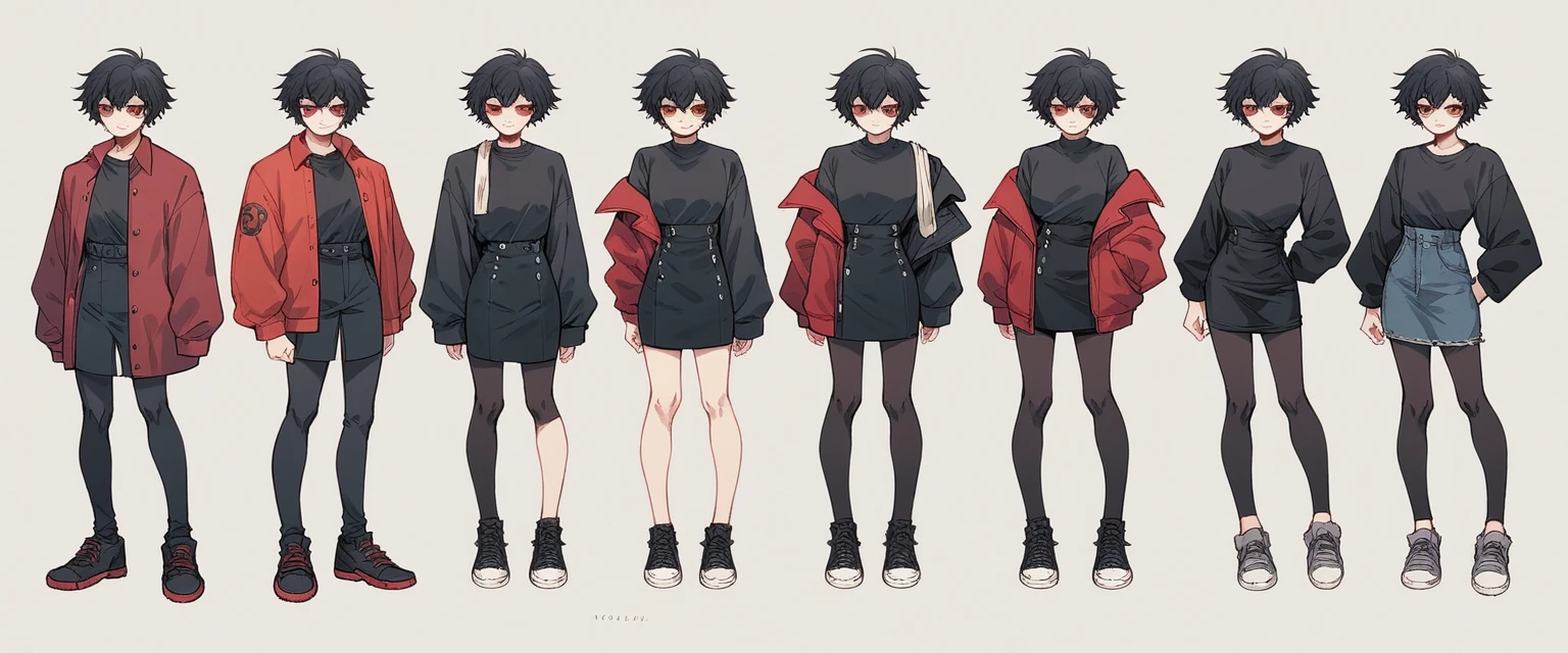 black haired adult woman, long tomboy haircut, hair bangs covering her right eye, red pupils, dark red jacket, black shirt, black skirt, black waist leggings, black sneakers, Tokyo Ghoul artstyle, Full body in anime style
