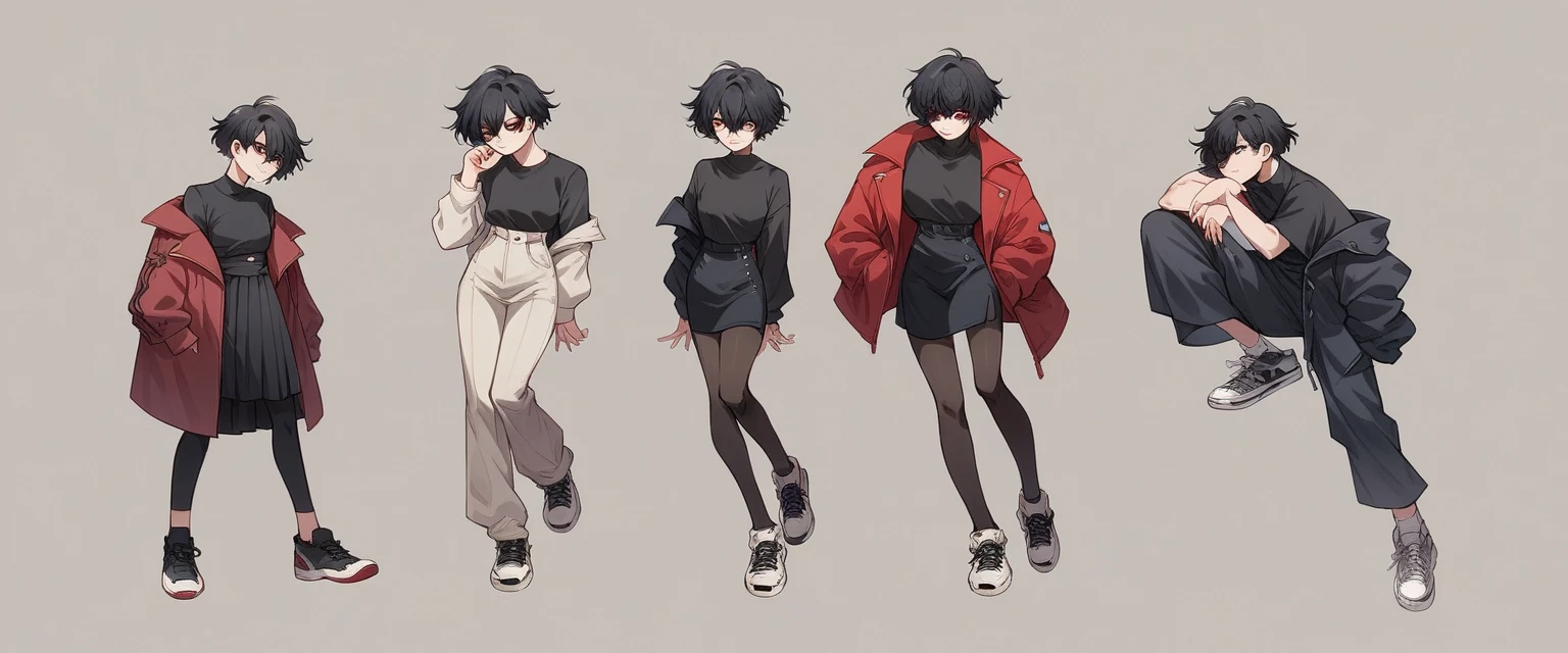 black haired adult woman, long tomboy haircut, hair bangs covering her right eye, red pupils, dark red jacket, black shirt, black skirt, black waist leggings, black sneakers, Tokyo Ghoul artstyle, Full body in anime style
