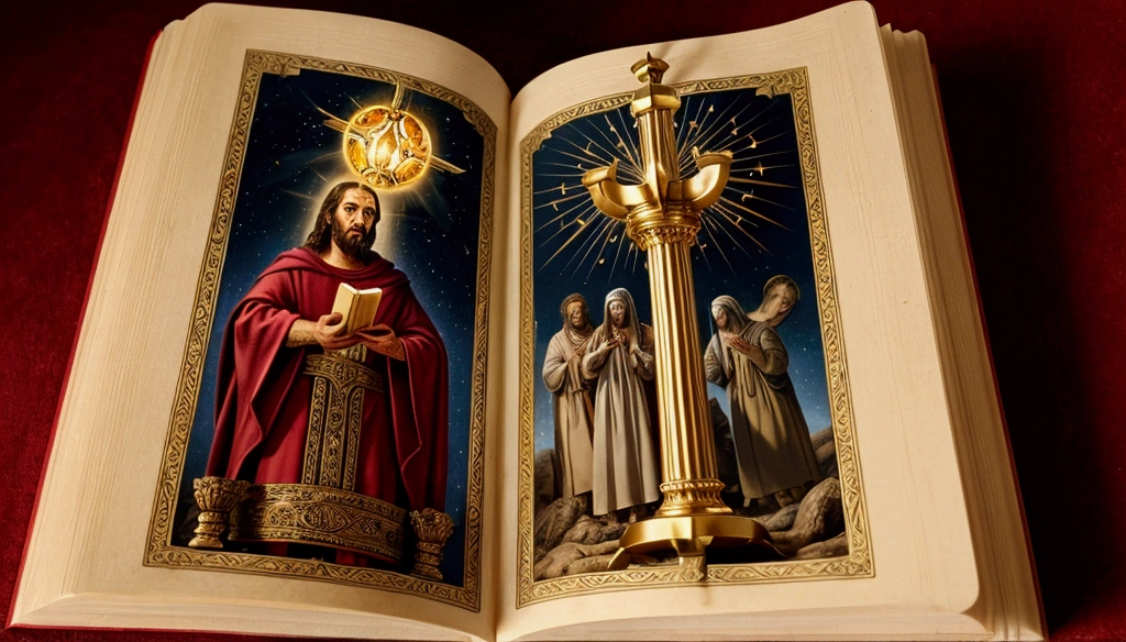 The book of revelation being opened and on the page there is Jesus with seven lampstands