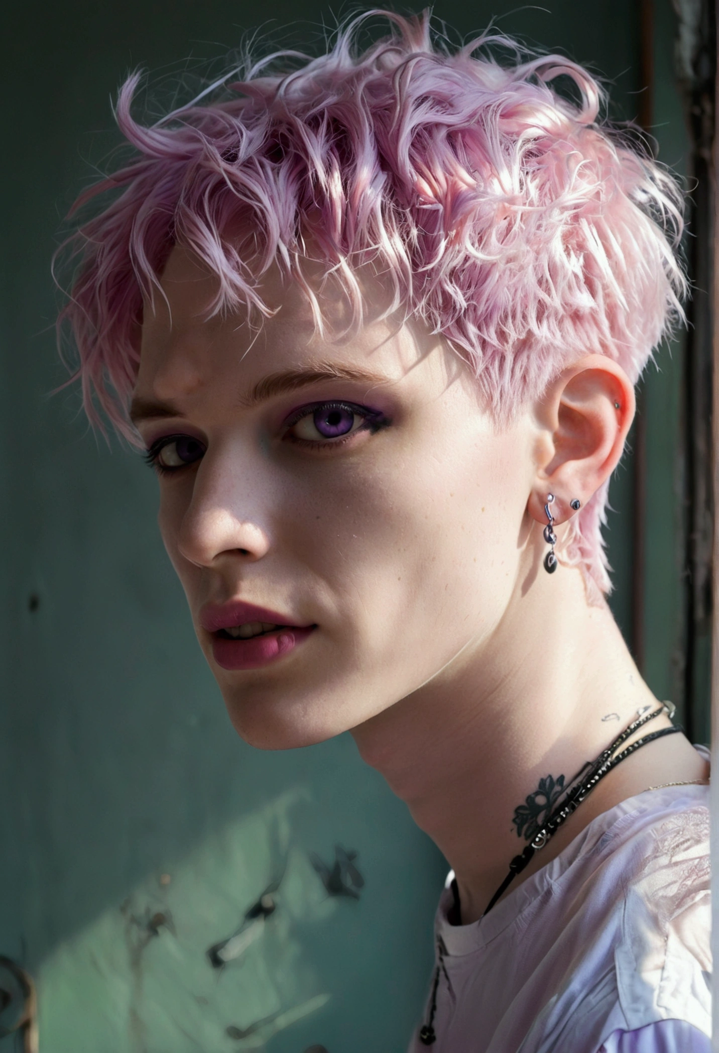 short pink hair, skinny man, pastel goth, earrings, pale skin, purple eyes, laughing