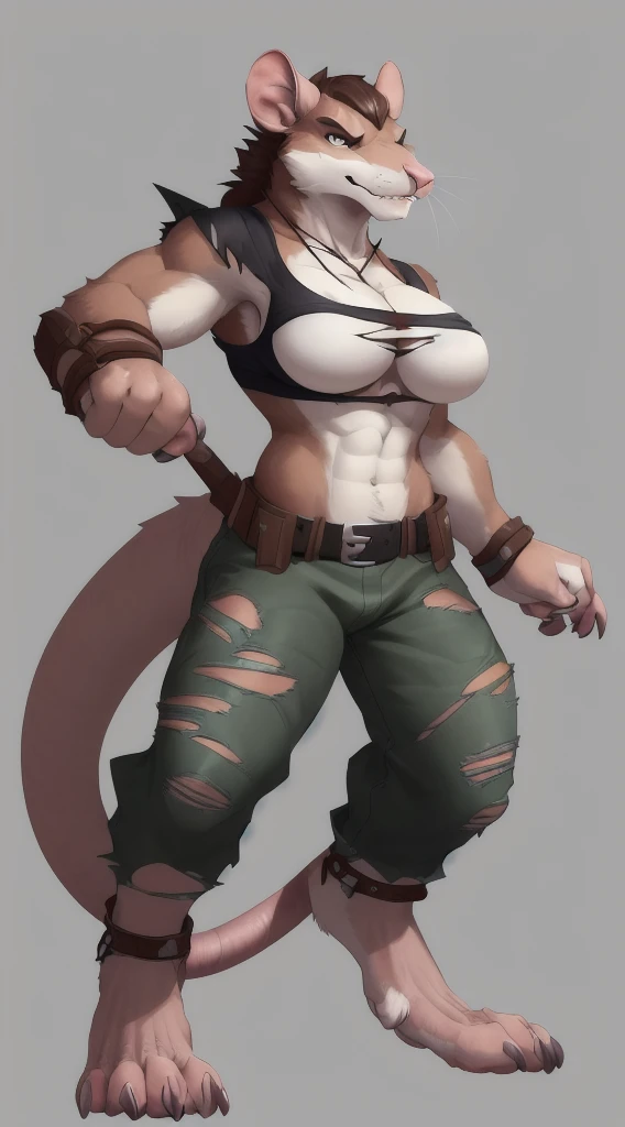 (Rat), (brown fur), antro, (wearing torn tunic), two toned fur, (wearing cotton pants), (under Boob), high detail, , high resolution, raw photo, gray background, cleavage, 1girl, solo, big breasts, high quality, hi res, sharp, detailed body, detailed, cartoony, ((claws out)), ((looking at viewer)), (angry), mad, t full body, whole body, ((full body portrait)), far away, (((full body concept))), weapon pose, claw pose, attack pose, battle pose, average body, slim, weak, thin, skinny, torn shirt, torn tunic, ripped clothes, ripped clothing