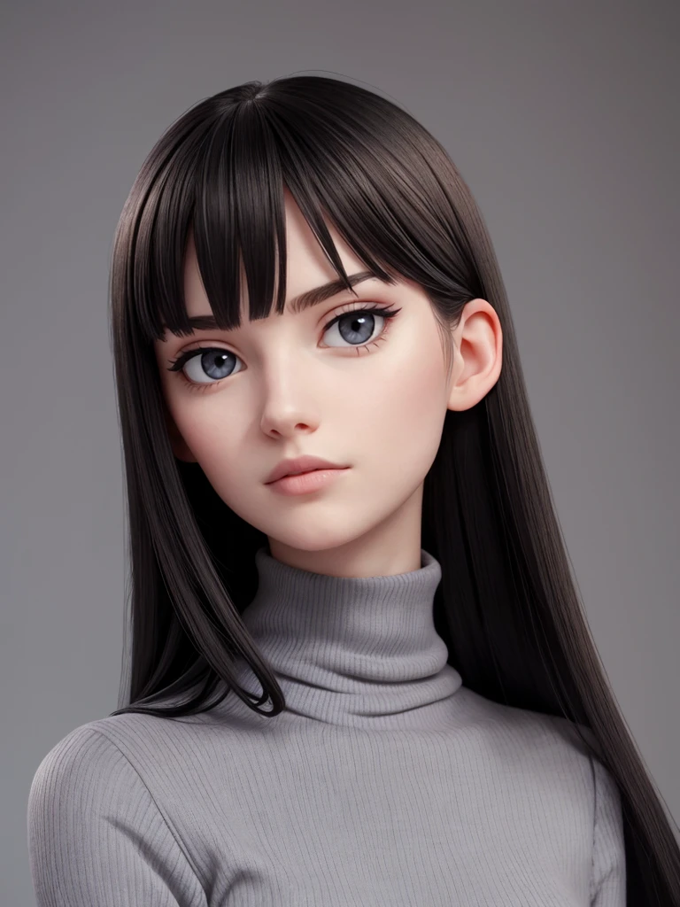 (best quality), 1girl, female, pale skin, (black hair), long hair, straight hair, grey eyes, perfect eyes, slender, tall, turtleneck sweater, stylish, elegant, serious, normal bust, masterpiece, anatomically correct, highres