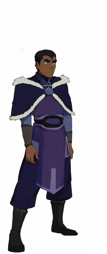 African-American, Bolin, water tribe traditional clothing mixed of blue and purple, with fur in shoulders and neck. Long sleeve, skinny, water tribe outfit. A dark blue or black high-collared sleeveless robe or tunic
A purple tabard or overtunic with lighter purple trim
A white fur-trimmed cape or cloak over the shoulders, fastened with a metal clasp
Black pants or leggings
Black boots that come up to just below the knee
A dark wristband or bracelet on one wrist
The character has dark skin, short black hair, and a serious expression. The outfit appears to be a mix of formal and practical styles, possibly indicating a character of some authority or importance in an animated series or film. The color scheme is primarily dark blues, purples, and black, with the white fur trim providing contrast.