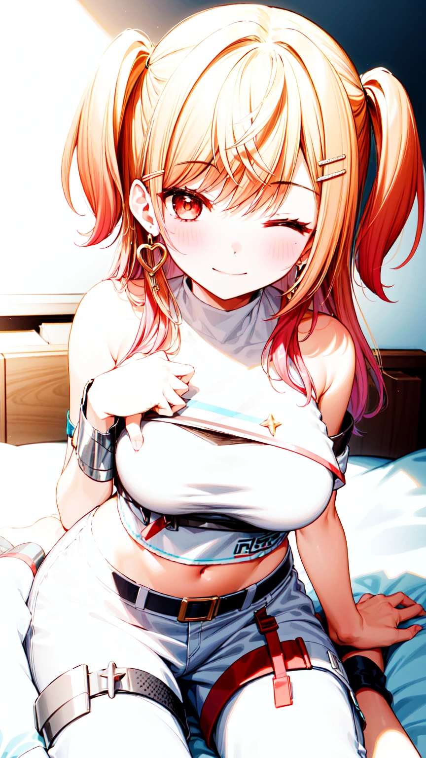 1girl,masterclass,best quality, illustration, solo, RirikaRegloss, two side up, white shirt, single sleeve, midriff, white pants, closed mouth, smile, one eyes closed,on bed,blush, large breasts, wariza, (grabbing own breasts:1.2)