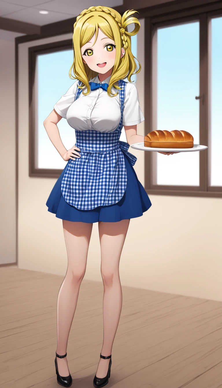 best quality,medium quality,(1girl), (solo),ohara mari, love live! sunshine!, hair rings, blonde hair, yellow eyes, crown braid, medium hair, large breasts , kobeya uniform,blue skirt, blue neckwear, gingham apron, Bakery,from front,full body, standing ,smile,close left eye, having a plate on bread,put hand on hip