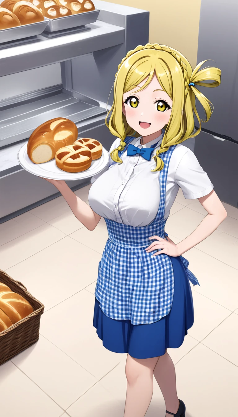 best quality,medium quality,(1girl), (solo),ohara mari, love live! sunshine!, hair rings, blonde hair, yellow eyes, crown braid, medium hair, large breasts , kobeya uniform,blue skirt, blue neckwear, gingham apron, Bakery,from front,full body, standing ,smile,close left eye, having a plate on bread,put hand on hip