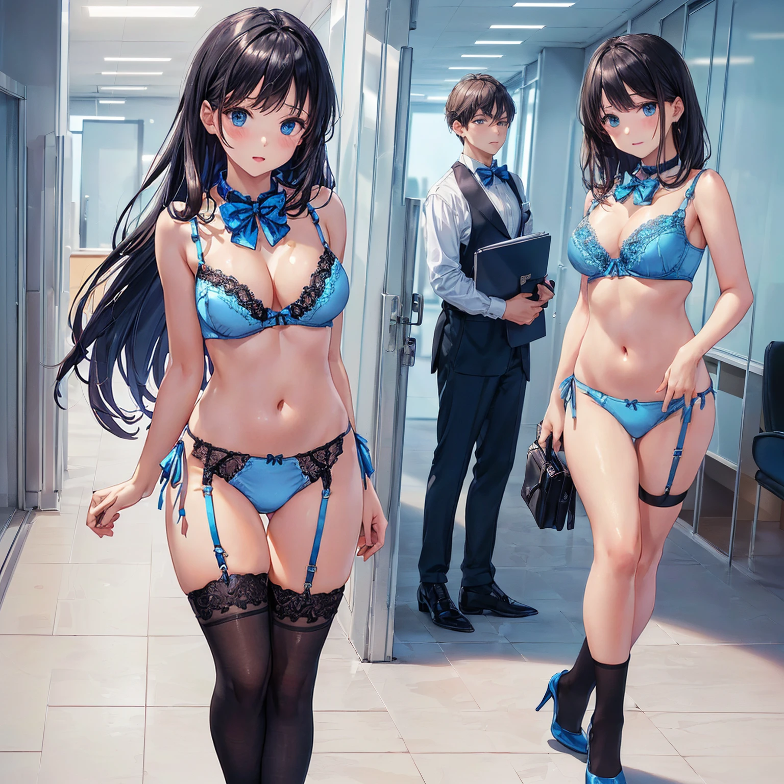 ((In underwearの女性はセクシーにOffice corridorを歩いている:1.4), Beautiful Anime Women, Beautiful art style, Anime characters, ((Smooth texture, Realistic texture, Anime CG Style)), ((Highest quality)), (Very detailed), (Very detailed CG 統合 8k 壁紙), Very detailed, High-resolution RAW color photos, Professional photography, Brown Hair, Stylish hairstyle, Great face and eyes, Beautiful and large breasts, Slender body, (Stunningly beautiful woman), (Detailed face:1.2),(Office corridor, Many business people walking down the corridor, There is a window in the hallway:1.3), ((Bow tie around neck, Black high heels:1.3), (Sexy and cute blue underwear:1.3), (Stylish shiny blue satin panties, Side-tie panties, Panties with plain blue center and lace decoration on the sides:1.3), (Thin panties:1.3), (Blue micro lace satin bra, Blue bra with lace trim, Thin bra:1.3), (garter belt, Black knee socks:1.3):1.3), naked, In underwear, In underwearのオフィスレディ, Exact number of arms, Exact number of legs, Perfect Anatomy, (Embarrassed expression, Surprised expression), Angle from the front, (Employee ID card worn around the neck:1.3), Exact finger count、Exact number of legs、(Exact number of arms:1.0, Exact number of hands:1.0), (Perfect hands, Perfect Anatomy)
