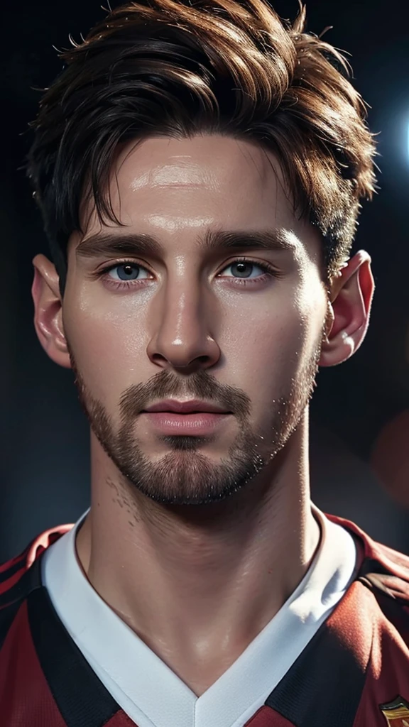A detailed, hyper realistic CGI portrait of Lionel Messi, with sensual wet lips, extremely detailed facial features, cinematic color and lighting