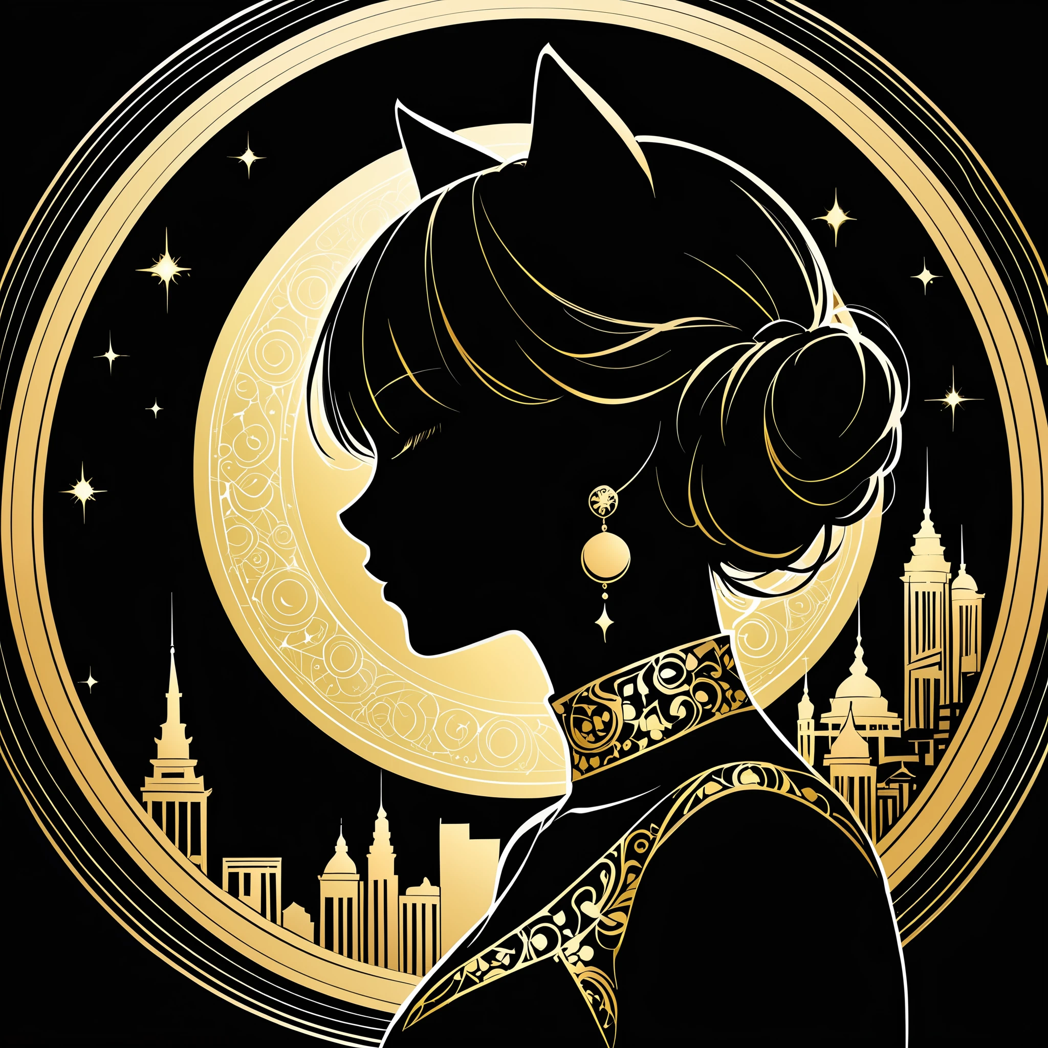 Black and gold color combination,Anime silhouette style,1 Girl,Cat ear,Gorgeous black,Gold embroidered dress,Sparkling gold,There are some black building silhouettes on the golden circular background,monochrome,Profile,90 degree tilt of neck,Face up,Oblique composition