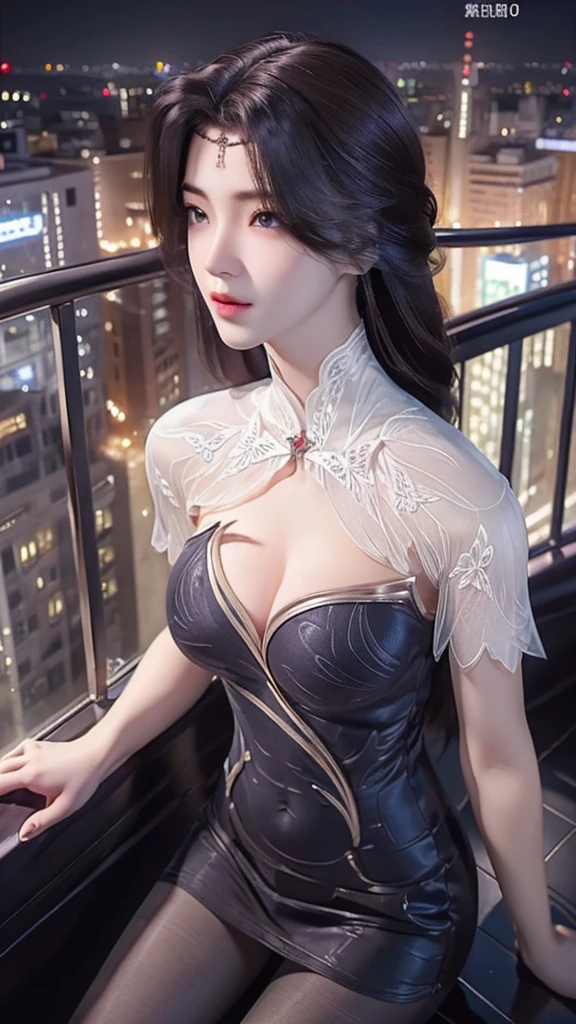 ((Best quality, 8k, Masterpiece :1.3)), Whole body, Sharp focus :1.2, A pretty woman with perfect figure :1.4, Slender abs :1.2, ((Dark brown hair, Big breasts :1.2)), body dress :1.1, (Night city view, Modern balcony :1.1), Highly detailed face and skin texture, Detailed eyes, Double eyelid, Small Bust, OL Uniform, Office Wear, white T-shirt, exposed cleavage, (Black Pantyhose), (No Panties), Interior Scene, Office