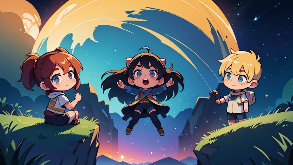 4k ultra high quality, masterpiece, perfect lighting, landscape, chibi empty sky full of stars, outer space, bright colors