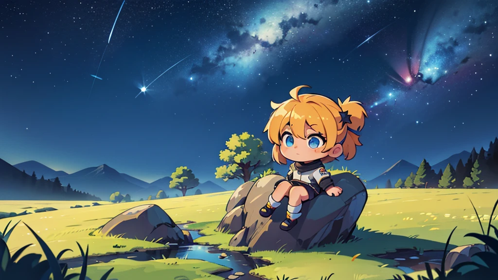 4k ultra high quality, masterpiece, perfect lighting, landscape, chibi empty sky full of stars, outer space, bright colors