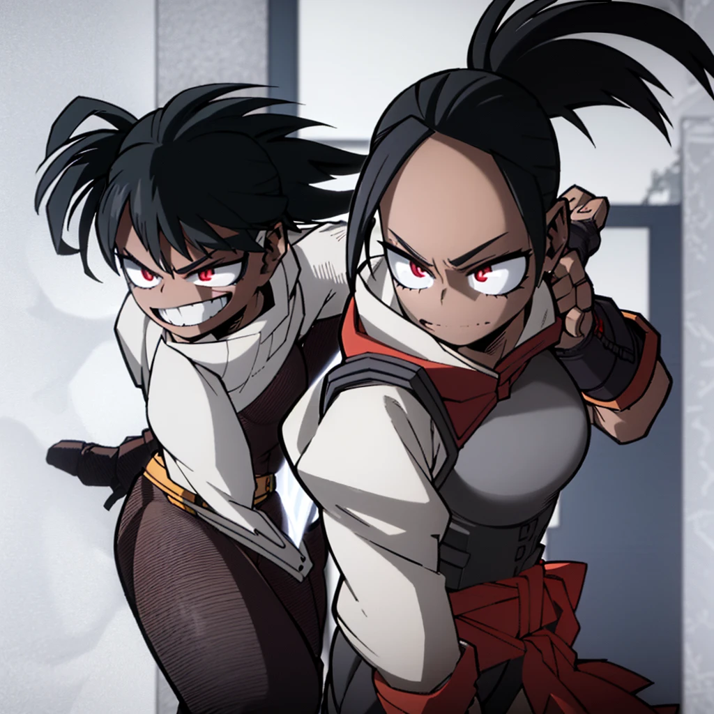 Dark-skinned woman with red eyes, fairly long black hair with a ponytail, strong body and somewhat large thighs and chest, wearing a black and gray hero costume Sleeveless, up to the neck with black stockings with Black with gray, brown gloves and a belt, along with two dark red wings on its back