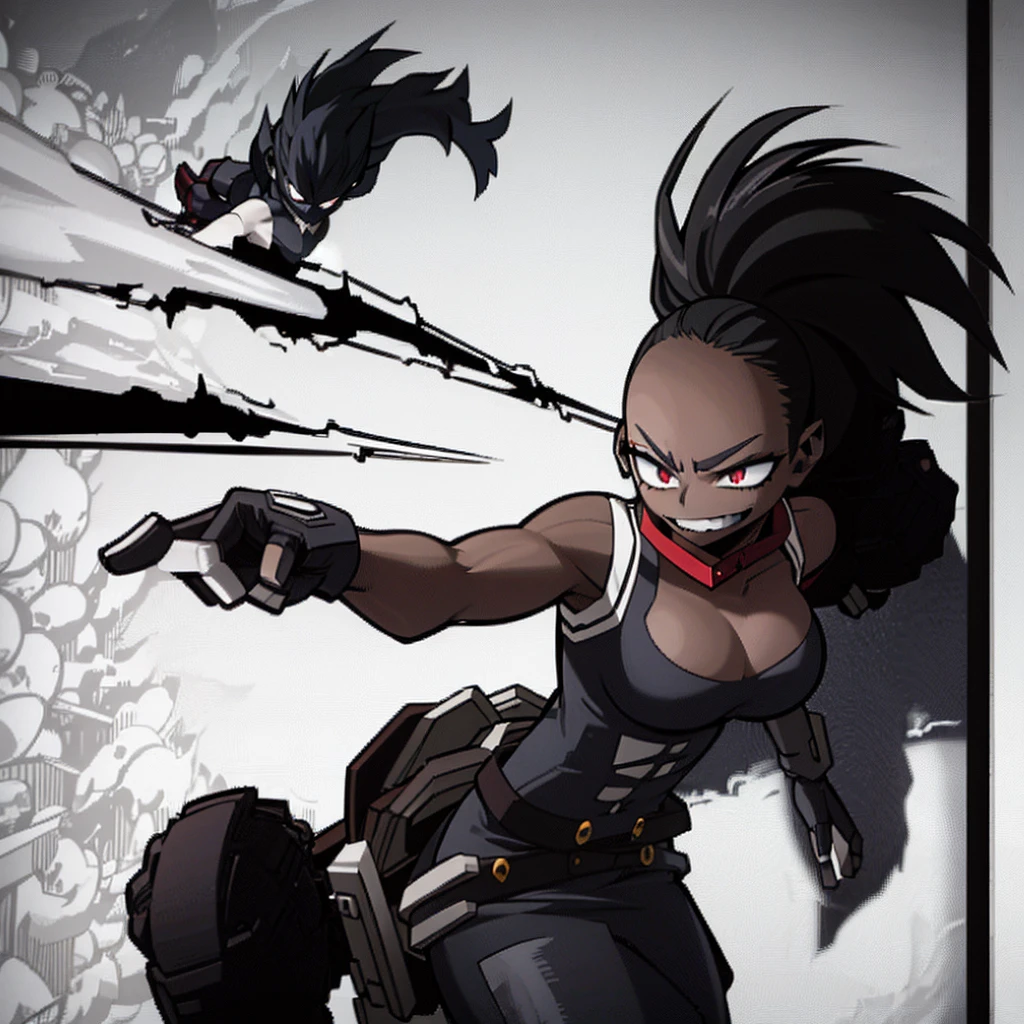 Dark-skinned woman with red eyes, fairly long black hair with a ponytail, strong body and somewhat large thighs and chest, wearing a black and gray hero costume Sleeveless, up to the neck with black stockings with Black with gray, brown gloves and a belt, along with two dark red wings on its back