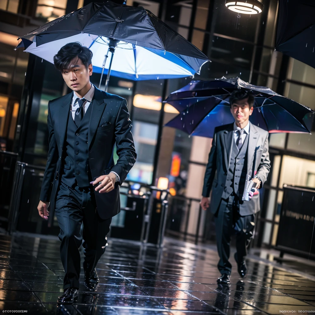 a tall asian man, wearing a suit, holding an umbrella, looking at the camera, (best quality,4k,8k,highres,masterpiece:1.2),ultra-detailed,(realistic,photorealistic,photo-realistic:1.37),HDR,UHD,studio lighting,professional,vivid colors,cityscape,evening,raining,many lights
Wolfcut hairstyles,