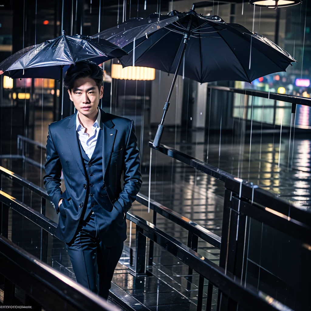 a tall asian man, wearing a suit, holding an umbrella, looking at the camera, (best quality,4k,8k,highres,masterpiece:1.2),ultra-detailed,(realistic,photorealistic,photo-realistic:1.37),HDR,UHD,studio lighting,professional,vivid colors,cityscape,evening,raining,many lights
Wolfcut hairstyles,