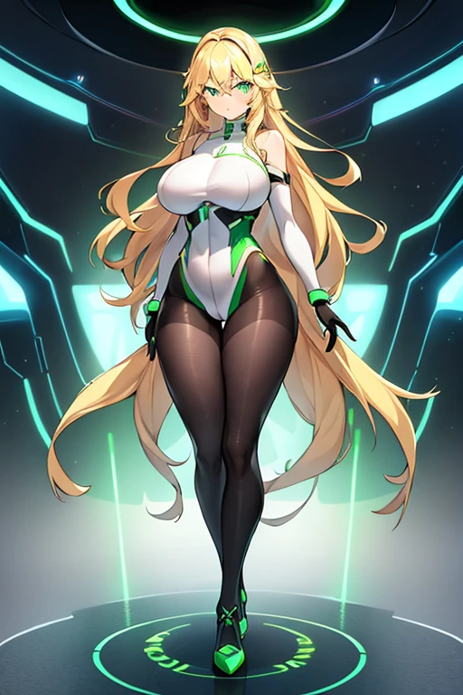 1girl, green eyes, blonde hair, long hair, large breasts, hourglass figure, bodysuit, white bodysuit, neon, neon trim, machinery, tech, science-fiction, futuristic, serious, standing, full body, ((full body)),, pantyhose, black pantyhose, wavy hair, 