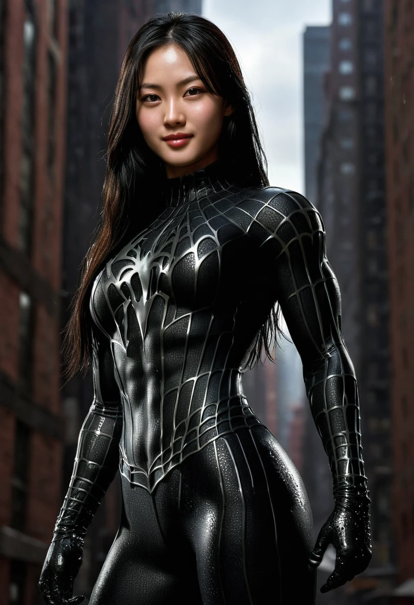 score_9, score_8_up, score_7_up, best quality, realistic, masterpiece, beautiful detail, hyperrealistic, (1girl, woman body, smile, black hair), big breasts:1, amazing detailed full body portrait of a beautiful korean girl, defined muscle girl, wearing a realistic and highly detailed black raimi spider-man suit, ((huge muscular girl)), professional model wears ultra - detailed black raimi spider - man suit, ultra - detailed and grained black raimi spiderman suit, suit covered entire body and hand, black spiderman gloves, wet, (spider pose), (full body), (dirty skin), close up, octane render, highly detailed, volumetric, dramatic lighting, (highest quality:1.1), (HDR:1.3), (top quality, best quality), realistic, high definition,