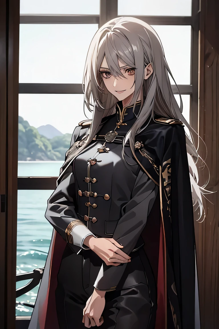 (Confused, High resolution, Very detailed), 1 female, Silver Hair,Long Hair,Reddish brown eyes,Blue and black military uniform,24th generation,beauty,mature,thin,quiet,Calm,A small smile,Cape,Slender and thin,Knee-high boots,skinny pants,Sea at dawn,Small breasts,thin body,Are thin