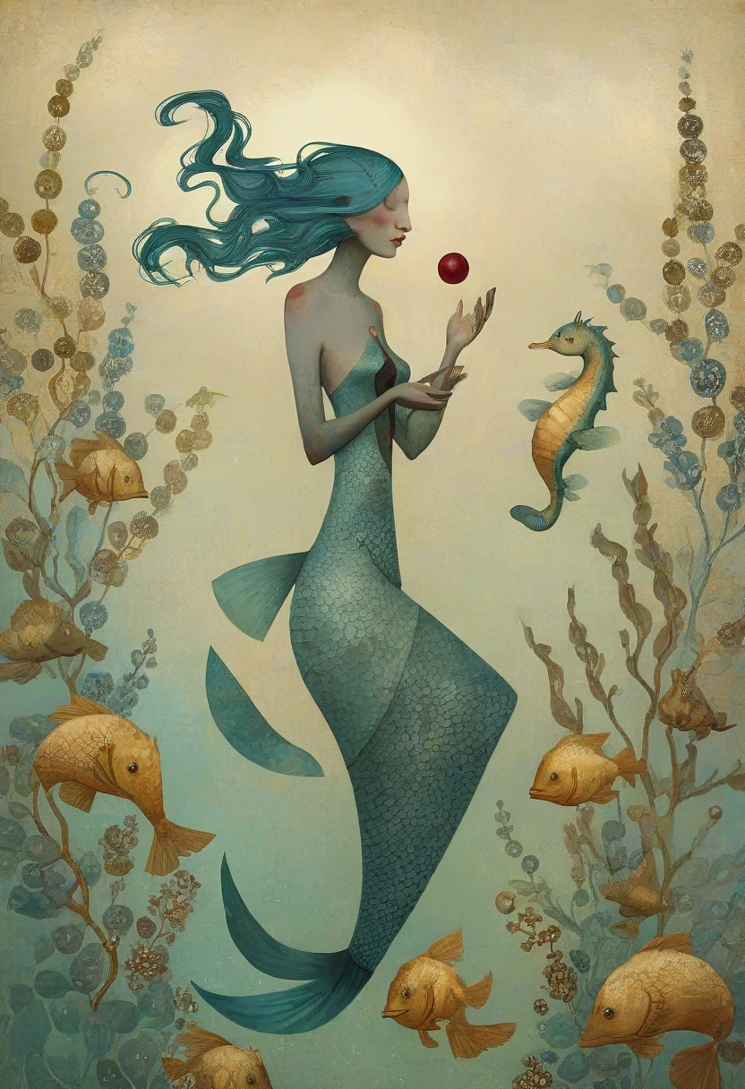 Art style by Klimt, Sam Toft, Florine Stettheimer, Dina Wakley, Catrin Welz-Stein, Gabriel Pacheco, Elisabeth Fredriks.  A mermaid plays with a seahorse