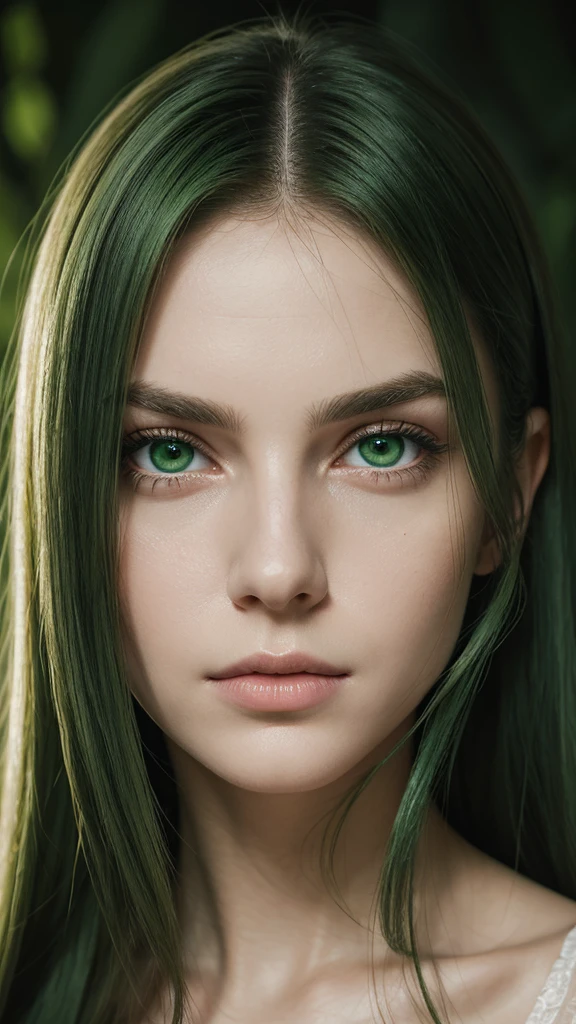 Portrait of a woman, European, meticulous, attractive face, oval face, seductive eyes, slightly sad expression, long straight hair, frontal, gently arched eyebrows, pale skin, symmetrical, green eyes, green hair color
