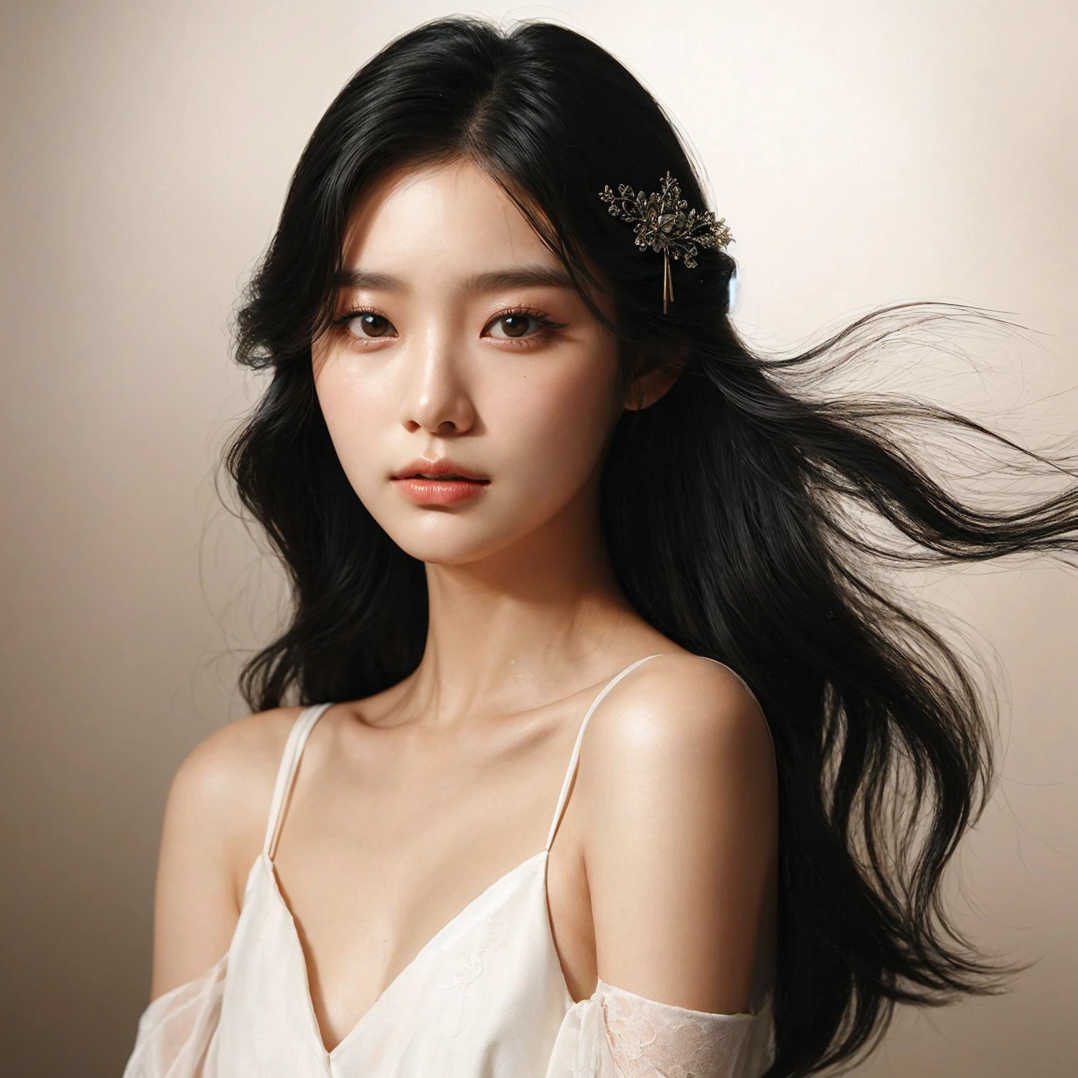 Create a portrait of a young korean woman, flowing black hair, set against a cream, smoky background. She is wearing a  white open shoulders dress and has a poised, elegant expression. The woman has a hairpin with intricate designs in her hair, adding a touch of sophistication to her look. The lighting is soft and dramatic, highlighting her facial features and creating a sense of depth and mystery in the composition.
