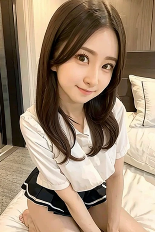 Gravure idol pose　Hotel　bed　high resolution　Not too small bust　Skirts should be shortened　Beautiful legs　Height: 157cm