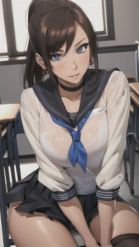 ((Correct Anatomy)),(Female student),((school uniform)),((Sailor suit)),((Lace panties)),(Mini Pleated Skirt),(((Black Pantyhose))),Ultra-high resolution,Mature Woman, Mature Woman, Very detailed,Sunburned skin,Brown Skin,((Beautiful feet)),(Big Breasts),((Beautiful legs)),Perfect hands, Detailed fingers, Beautiful details, ((Long Hair)),((ponytail)),Black Choker, Earrings,loafers,Embarrassing,Perfect Eyes, Captivating eyes