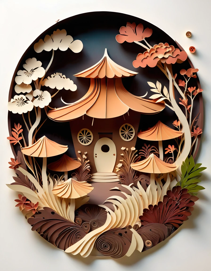 paper cuttings art of honai, honai is the traditional house of West Papuans, houses made of wood with a doom roof like a button mushroom, the doom made of straw or reeds, honai has a circular shaped, Honai has a small door and NO windows, honai has a small size and having a round shape, the honai shape look a brownies-colored button mushroom, mostly brown earthy colour, (paper cutout,paper art, layered paper art,paper quilling, digital art), Against a pure white background, vector illustration, papercut style, layers, colours, hires, high quality image, borders page, nature background, leaf and floral