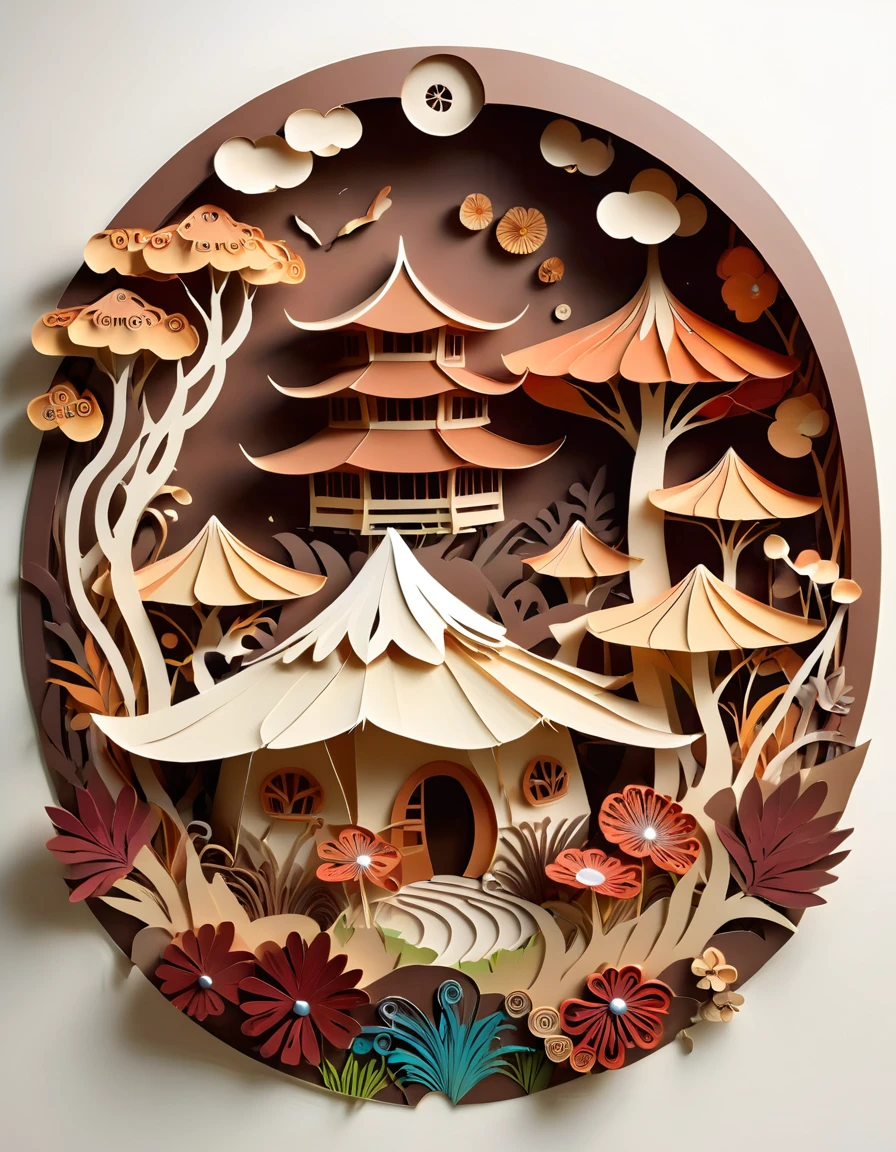 paper cuttings art of honai, honai is the traditional house of West Papuans, houses made of wood with a doom roof like a button mushroom, the doom made of straw or reeds, honai has a circular shaped, Honai has a small door and NO windows, honai has a small size and having a round shape, the honai shape look a brownies-colored button mushroom, mostly brown earthy colour, (paper cutout,paper art, layered paper art,paper quilling, digital art), Against a pure white background, vector illustration, papercut style, layers, colours, hires, high quality image, borders page, nature background, leaf and floral