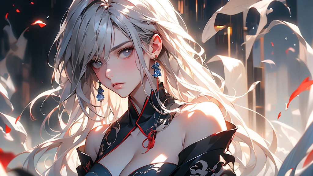 super high quality, masterpiece, Perfect illustration, Very detailed (Exquisite light and shadow, Very dramatic photo,Backlight) , ((Gray Hair:1.5))1 Girl,(( alone:1.6)), (Wearing Han clothes, Black and white Hanfu,Monotony,Long sleeve)  (White smoke:1.3) (Realistic:1.4), Official Art, unity 8k wallpaper, Very detailed, Beautiful and beautiful, masterpiece, Highest quality, (Dynamic Angle: 1.4), Glowing Skin, (Floating colorful flashes: 1) The most beautiful chaotic shapes, elegant, Brutalist Design, Bright colors, Romantic Depth of Field Exotic_dance, half_naked、Expose your shoulders、Ample breasts、Great cleavage、Lean forward
