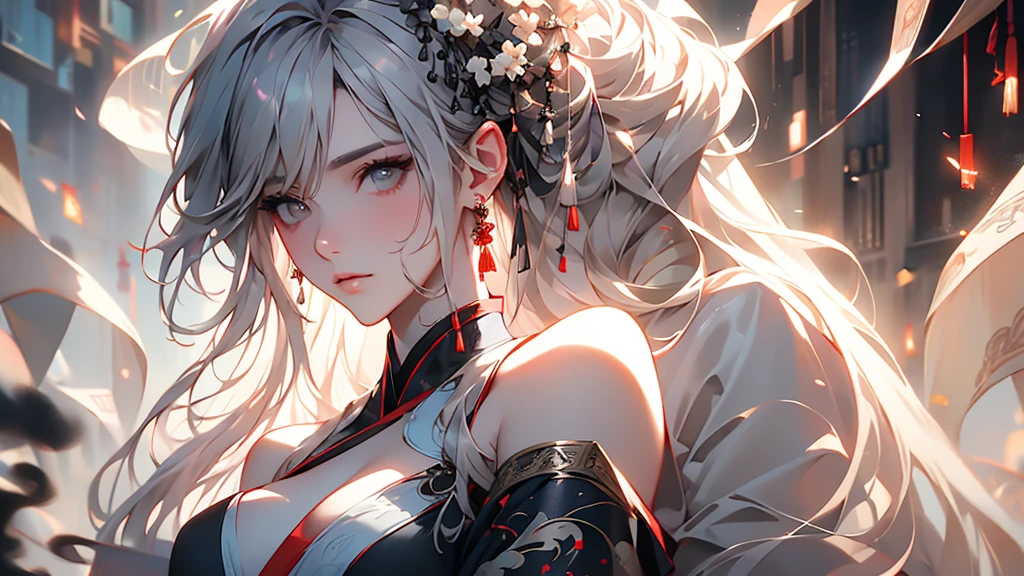 super high quality, masterpiece, Perfect illustration, Very detailed (Exquisite light and shadow, Very dramatic photo,Backlight) , ((Gray Hair:1.5))1 Girl,(( alone:1.6)), (Wearing Han clothes, Black and white Hanfu,Monotony,Long sleeve) (White smoke:1.3) (Realistic:1.4), Official Art, unity 8k wallpaper, Very detailed, Beautiful and beautiful, masterpiece, Highest quality, (Dynamic Angle: 1.4), Glowing Skin, (Floating colorful flashes: 1) The most beautiful chaotic shapes, elegant, Brutalist Design, Bright colors, Romantic Depth of Field Exotic_dance, half_naked、Expose your shoulders、Ample breasts、Great cleavage、Lean forward