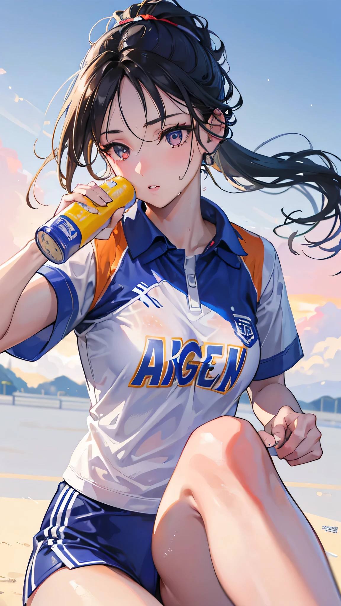 A female track and field athlete, 18 years old, drinking water from a water bottle, wearing a sports uniform, with black hair in a ponytail, red eyes, sweating, on a school sports field, bright sunlight, clear blue sky, summer, (best quality,4k,8k,highres,masterpiece:1.2),ultra-detailed,(realistic,photorealistic,photo-realistic:1.37),extremely detailed eyes and face,beautiful detailed eyes,beautiful detailed lips,longeyelashes,highly detailed athletic uniform,sweat glistening on skin,dynamic pose,sun flare,vibrant colors,cinematic lighting