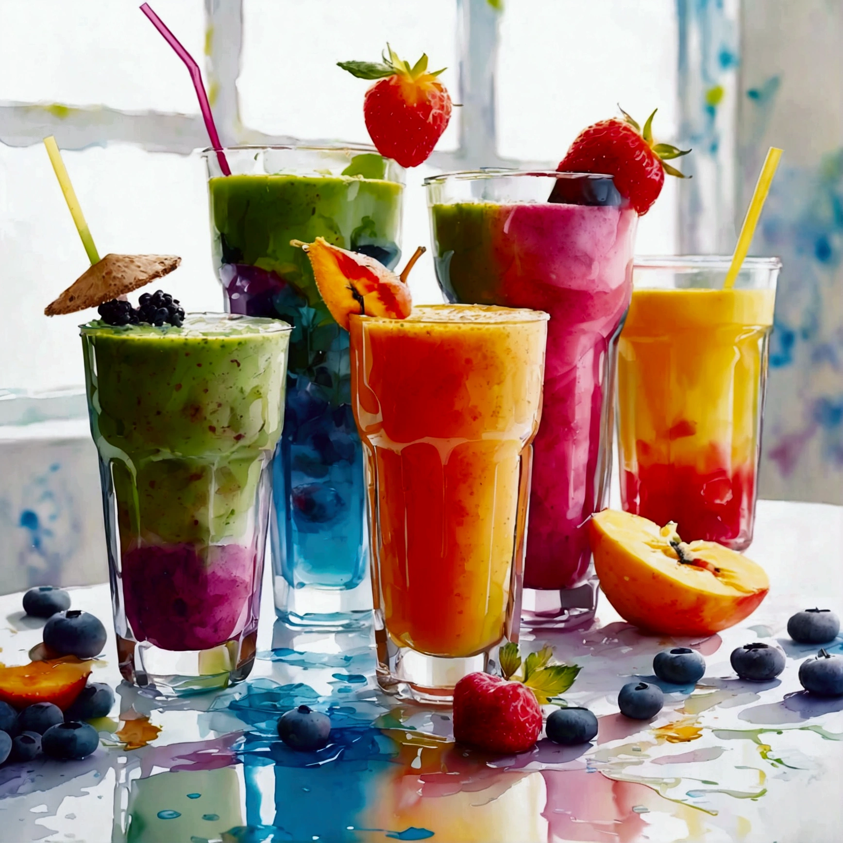 there are two types of colorful healthy drinks served in two glasses, the glasses sitting on a surface, juices, smoothie and infused water , illustration, isolated with solid white background, surrounded with negative space, centered composition, highest detailed painting, very precise line, Isolated, clear solid white background, perspective angle of view, ((watercolor:1.5)), (lora:add-detail-xl:1), (masterpiece), (best quality), no bread on the floor, washed out color, oil and watercolor painting